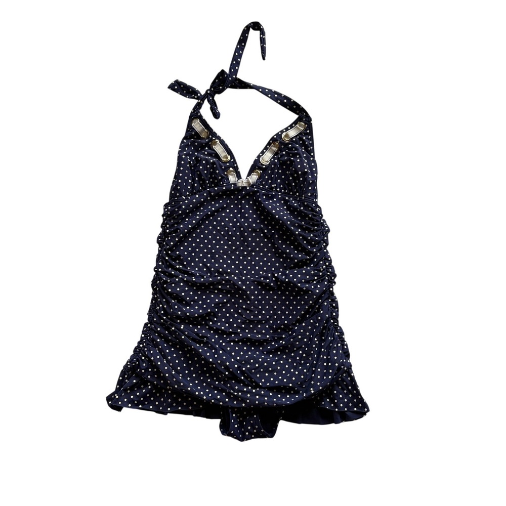 Betsey Johnson Navy Polka Dot Halter Swim Dress Ruched One Piece Medium Pinup